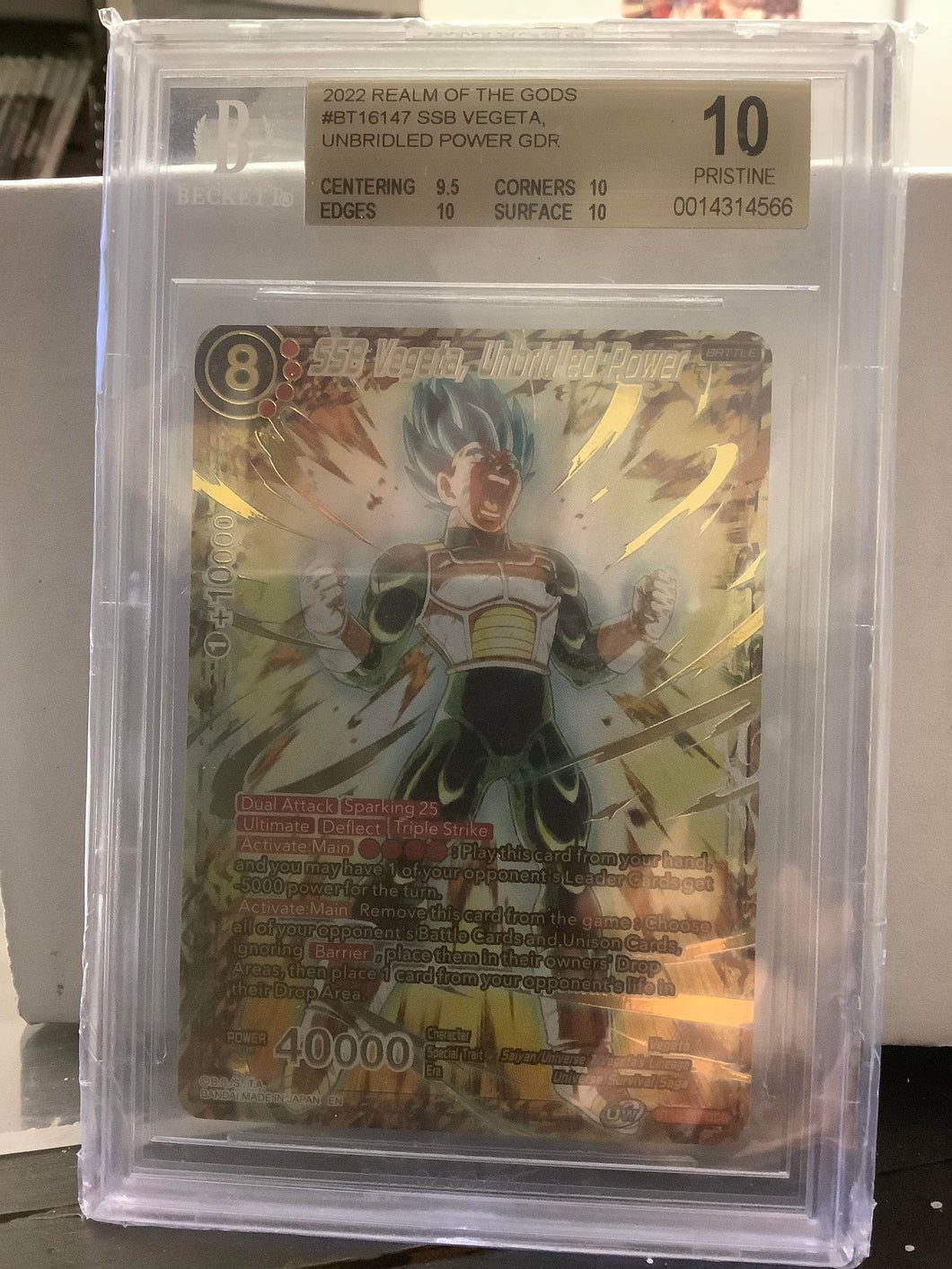 Beckett 10 Pristine - Dragon Ball Super - SSB Vegeta, Unbridled Power #BT16147 - Gold Rare - Realm of the Gods 2022 - Graded Card